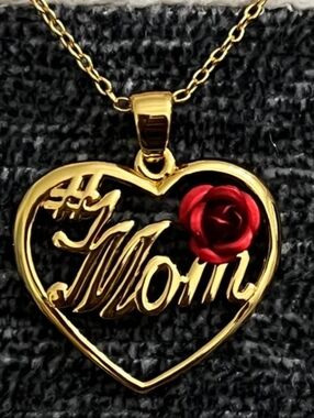 Silver 925 Plated Gold Heart "Mom" Pendant Necklace with Red Rose Accent